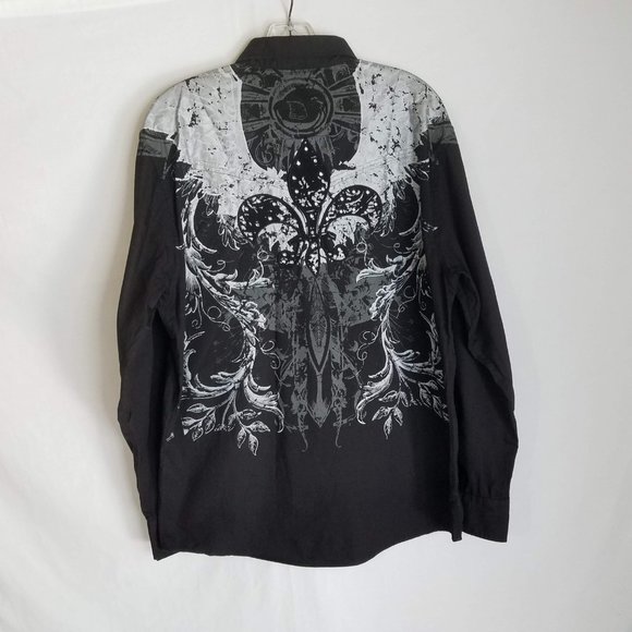 ROAR Embroidered Graphic Print Black Button Front Shirt Mens Size Large - Picture 2 of 6